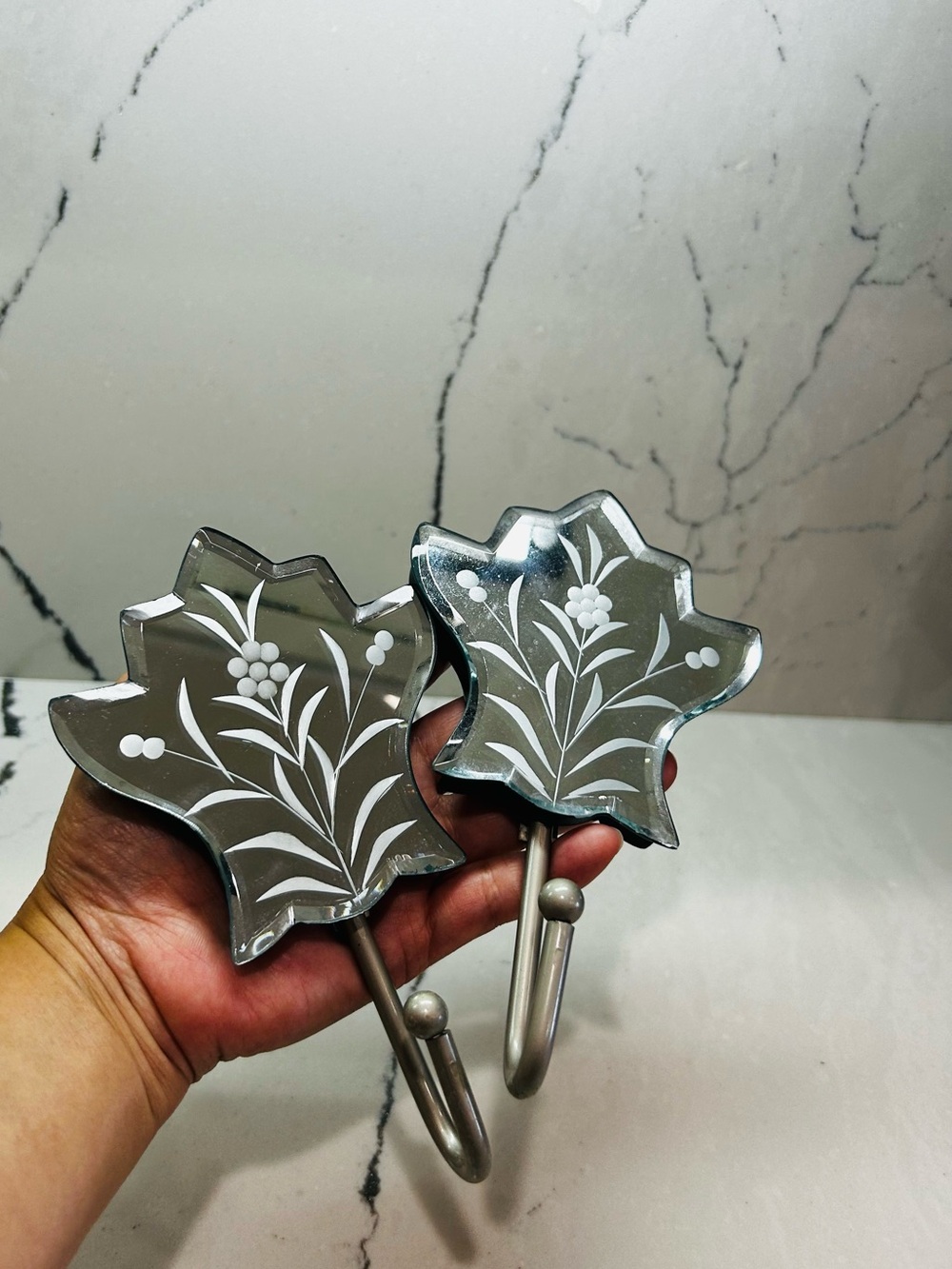Anthropology Leaf-Shaped Mirrored Wall Hook with Floral Etching - Silver
